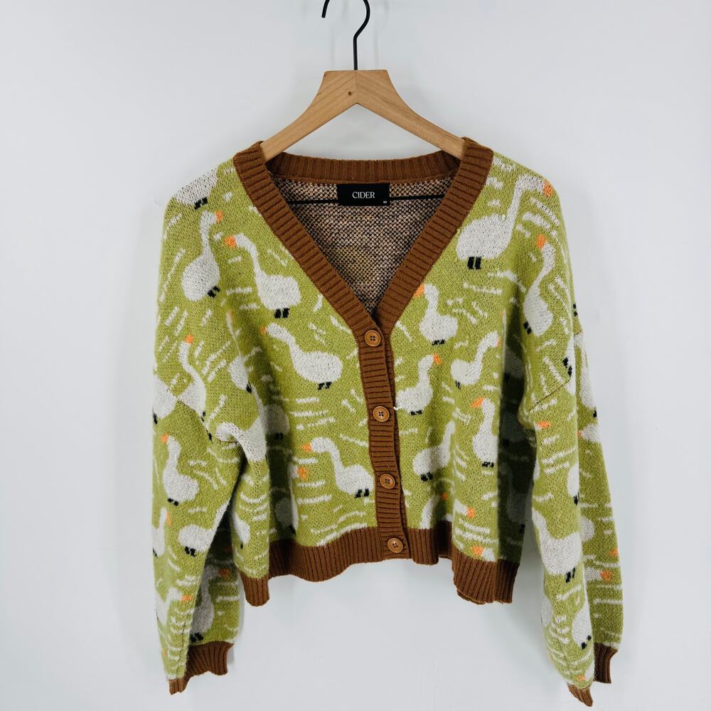 CIDER Duck Pattern Button Cardigan Green Brown Kn… - image 7
